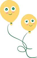 deux vert regardé Jaune des ballons lié à individuel cordes avec gros rond yeux et fermé sourire tournant en haut à des joues sont flottant autour vecteur Couleur dessin ou illustration