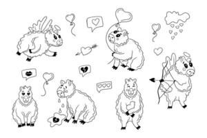 la mignonne capybaras main tiré griffonnages ensemble. esquisser contour animaux dans l'amour. contour st valentines concept illustration. idéal pour coloration pages, tatouage, modèle vecteur