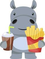 hippopotame avec frites, illustration, vecteur sur fond blanc.