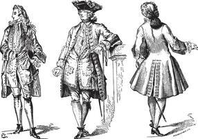 élégant régence tribunal robe manteau et ville 1729, ancien gravure. vecteur