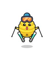 personnage mascotte de la ruche d'abeilles en tant que joueur de ski vecteur