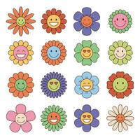 hippie fleurs, mignonne ancien style, rétro fleurs avec visages, les émojis, sourit. ensemble de vecteur illustrations.