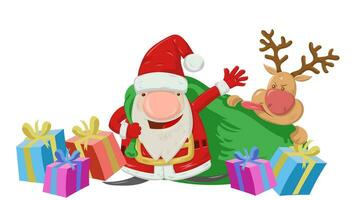 Père Noël claus dessin animé avec cadeaux et marrant renne. vecteur illustration