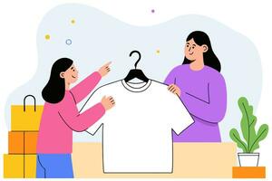 deux les filles à la recherche à une T-shirt sur une cintre dans une Vêtements magasin, plat vecteur illustration.