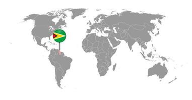épinglez la carte avec le drapeau de la guyane sur la carte du monde. illustration vectorielle. vecteur