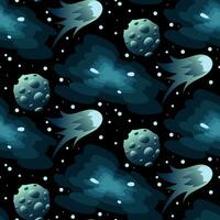 vecteur espace sans couture modèle. dessin animé espace texture avec une planète, une en volant ardent astéroïde, une espace entonnoir et étoiles dans bleu tons sur une noir Contexte. espace aventure