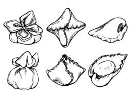 main tiré vecteur encre illustration. les types de Pâtes italien cuisine fagottini tortellini plat. ensemble de Célibataire objet éléments isolé sur blanche. pour restaurant menu, nourriture magasin et emballer, prospectus, imprimer.