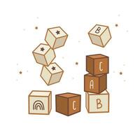 boho bébé en bois alphabet cubes. main tiré scandinave élément pour nouveau née isolé sur blanc Contexte. vecteur illustration dans plat dessin animé style