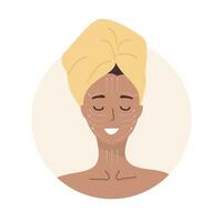 faciale massage. femme portrait avec lymphatique massage schème. Matin routine. peau se soucier concept. vecteur illustration dans plat dessin animé style