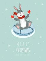 Noël carte avec mignonne lapin dans rouge Père Noël chapeau. saison salutations. joyeux Noël et content Nouveau an. vecteur illustration dans dessin animé style. chinois Nouveau année 2023 symbole. invitation modèle