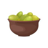 assiette plein de vert Olives dans dessin animé style. olive arbre fruit dans une argile bol conception pour le production de Olives vecteur