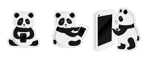 chinois pandas autocollants, 3 mignonne peu animaux. dessin animé pandas avec mobile téléphone sur blanc Contexte. pandas bavardage dans gadget et tablette. plat style pour Messager. isoler. vecteur