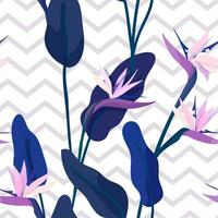 vecteur illustration avec strelitzia fleurs sans couture modèle et géométrique modèle zigzag dans bleu. tropical jungle et oiseau de paradis avec une zigzag dans le Contexte. pour en tissu ou fond d'écran.