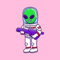 mignonne extraterrestre en portant pistolet dessin animé vecteur Icônes illustration. plat dessin animé concept. adapté pour tout Créatif projet.