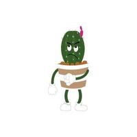 dessin animé cactus plante dans une pot personnage mascotte dans noir lunettes de soleil, dessin animé personnages autocollants. épineux plante dans différent pose, Actions et avec visage expressions vecteur