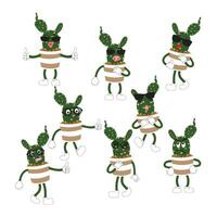 dessin animé cactus plante dans une pot personnage mascotte dans noir lunettes de soleil, dessin animé personnages autocollants. épineux plante dans différent pose, Actions et avec visage expressions vecteur