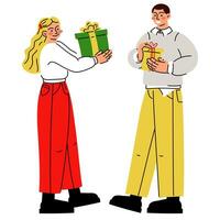 une brillant couple donne chaque autre cadeaux sur une blanc Contexte. mignonne gars et fille, vecteur plat illustration de cadeau donnant. donner cadeaux. une surprise cadeau boîte. Noël, Nouveau année, mutuel cadeaux