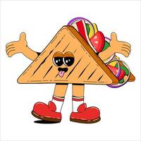sandwich personnage dans rétro dessin animé style. vecteur illustration de une mignonne vite nourriture mascotte avec bras et jambes. isolé illustration sur blanc Contexte.