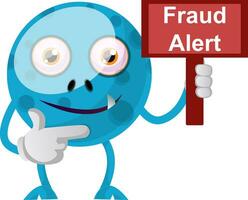 Monstre bleu avec signe d'alerte à la fraude, illustration, vecteur sur fond blanc.