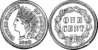 Nickel de cuivre cent pièce de monnaie, 1859 ancien illustration. vecteur