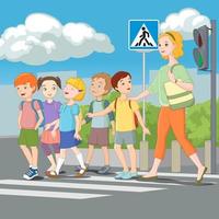enfants traversant la route avec l'illustration vectorielle de l'enseignant vecteur