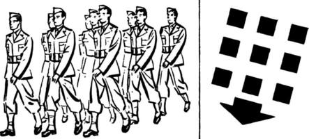 militaire personnel formation en marche, ancien illustration. vecteur