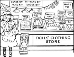 enfant achat poupée vêtements ancien illustration. vecteur