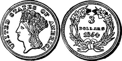 or Trois dollars pièce de monnaie, 1854 ancien illustration. vecteur