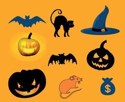 objets abstraits halloween jour 31 octobre chat chauve-souris et chapeau sombre illustration citrouille vecteur