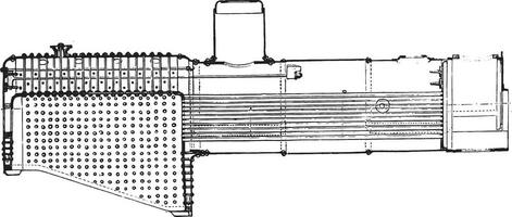 longitudinal section de le Chaudière de le Express locomotive nord chemin de fer lequel apparu à le 1878 exposition, ancien gravure. vecteur