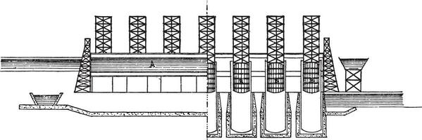 ascenseur flotte, sur le la gauche moitié longitudinal section, droite moitié élévation, ancien gravure. vecteur