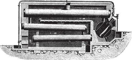 Chaudière eyscher et qui dix points a cheminée, ancien gravure. vecteur