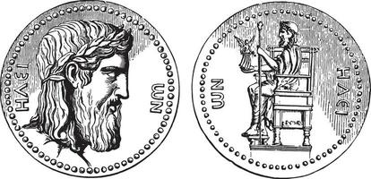 grec pièce de monnaie avec le tête de Jupiter de Phidias, ancien gravure. vecteur