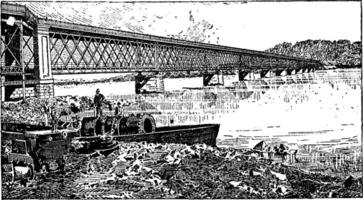 charpente pont, route et rail, à viane, le Portugal, ancien gravure. vecteur