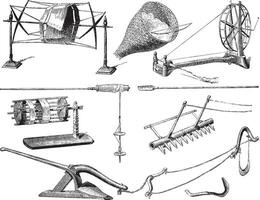 agricole et textile ustensiles dans Laos, ancien gravure. vecteur