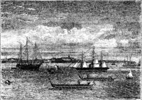 Auckland port dans le années 1890 ancien gravure, Nouveau zélande vecteur