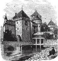 chillon Château ou château de chillon dans veytaux, Suisse, pendant le années 1890, ancien gravure vecteur