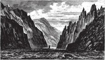 le fer portes de le Danube rivière, entre Roumanie et Serbie, ancien gravure vecteur