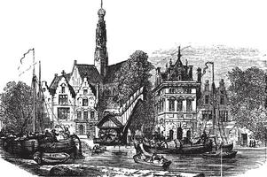 grain marché et église saint-bavo quais, dans Haarlem, Pays-Bas ancien gravure. vecteur