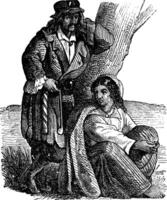 Jeune gitan couple par arbre ancien gravure vecteur