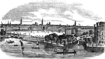 canal et bâtiments à Hambourg, Allemagne ancien gravure vecteur