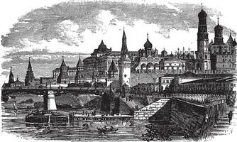 le Moscou kremlin et rivière, Russie ancien gravure vecteur