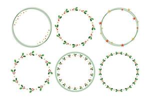 Noël rond Cadre avec vert feuilles et or étoiles et rouge baies, vacances couronne agrafe art, circulaire forme décoratif frontière vecteur