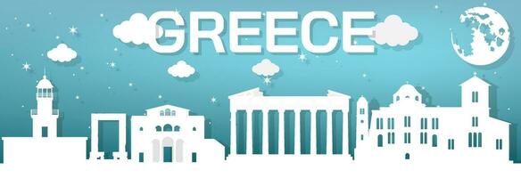 Repères de Grèce conception comme une blanc papier coupé mis sur une bleu Contexte à nuit, vecteur illustration.