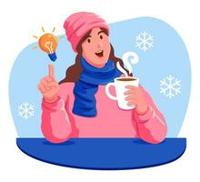 femme avec une tasse de chaud café et une lumière ampoule vecteur