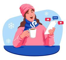 femme dans hiver vêtements avec une tasse de café et une téléphone intelligent social médias vecteur