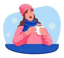 content femme avec une tasse de chaud boisson dans le hiver vecteur