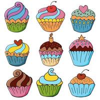 ensemble d'icônes de cupcakes, muffins dans un style de dessin à la main. collection d'illustrations vectorielles pour votre conception. pâtisseries sucrées, muffins vecteur