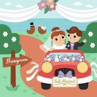 vecteur mariage scène avec mignonne juste marié couple. mariage la cérémonie paysage avec la mariée et jeune marié. mari et épouse Aller à voyage de noces sur rouge voiture décoré avec fleurs