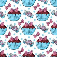 illustration vectorielle. modèle sans couture avec des pâtisseries sucrées. muffins mignons, cupcakes. fond à pois. texture pour le tissu vecteur